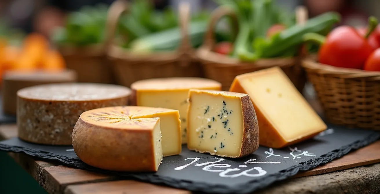 Étal de marché avec fromages savoyards et légumes de saison sous lumière dorée