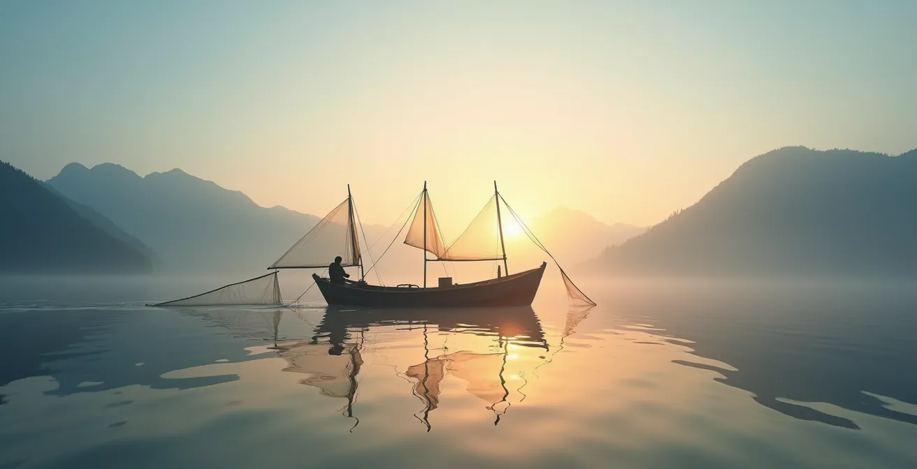Pêcheur professionnel relevant ses filets à l'aube sur le lac d'Annecy avec brume matinale