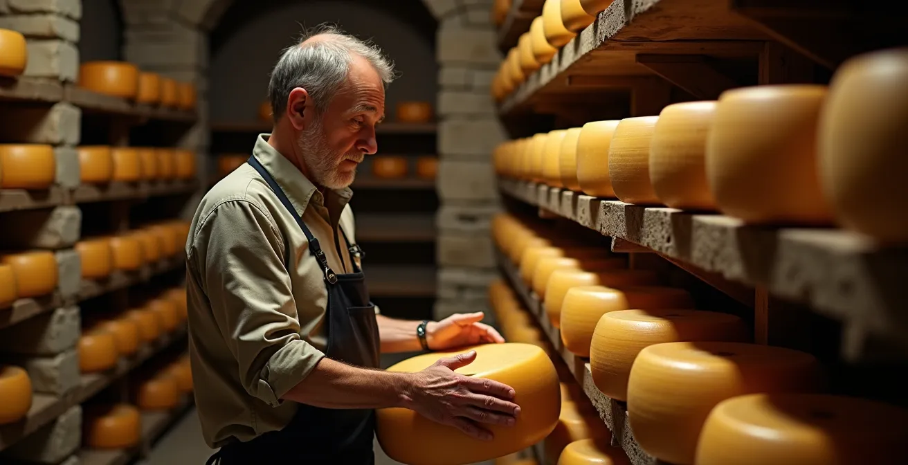 Cave d'affinage traditionnelle avec meules de fromage sur étagères en bois