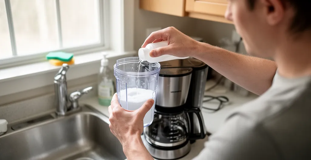 Remplissage du réservoir d'une cafetière avec une solution détartrante