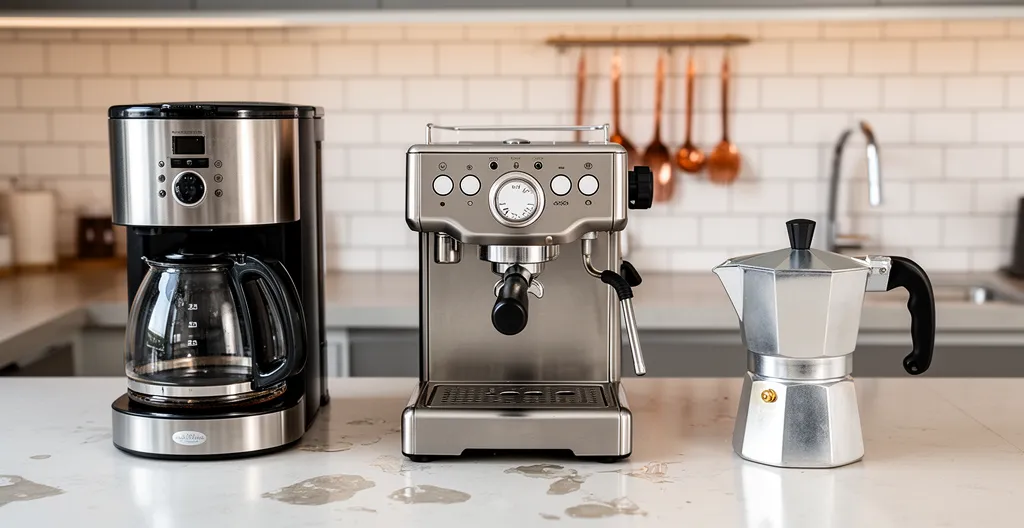 Cafetière filtre, machine expresso et cafetière italienne alignées sur un plan de travail